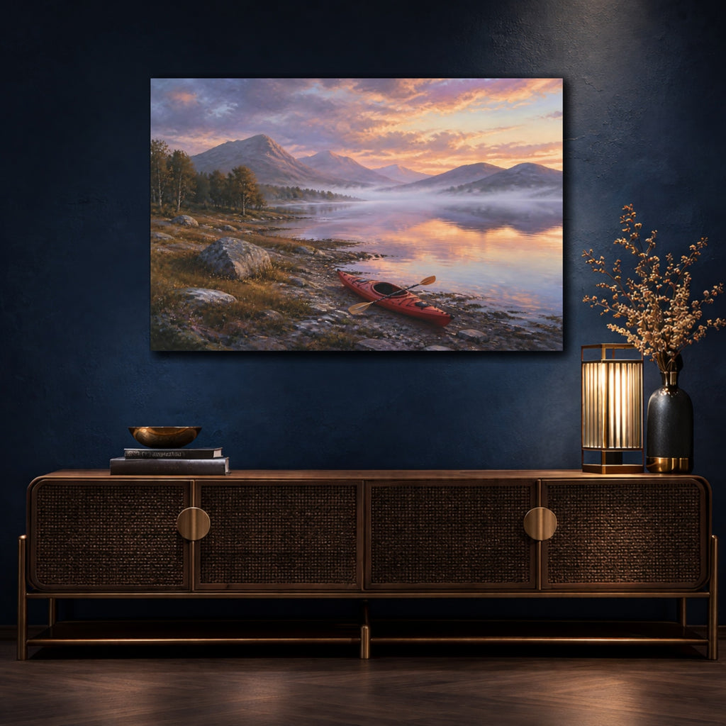 Mockup 4. Nature Kayak Sunset Lake Landscape shown as stretched canvas wall art
