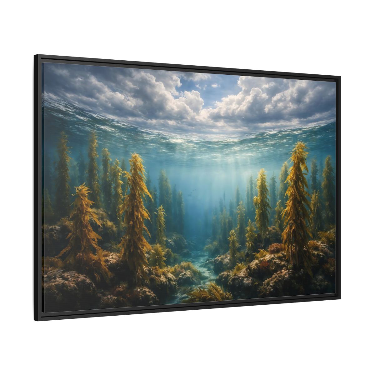 Side Mockup 12. Nature Kelp Forest Underwater Kelp Blue shown as stretched canvas wall art