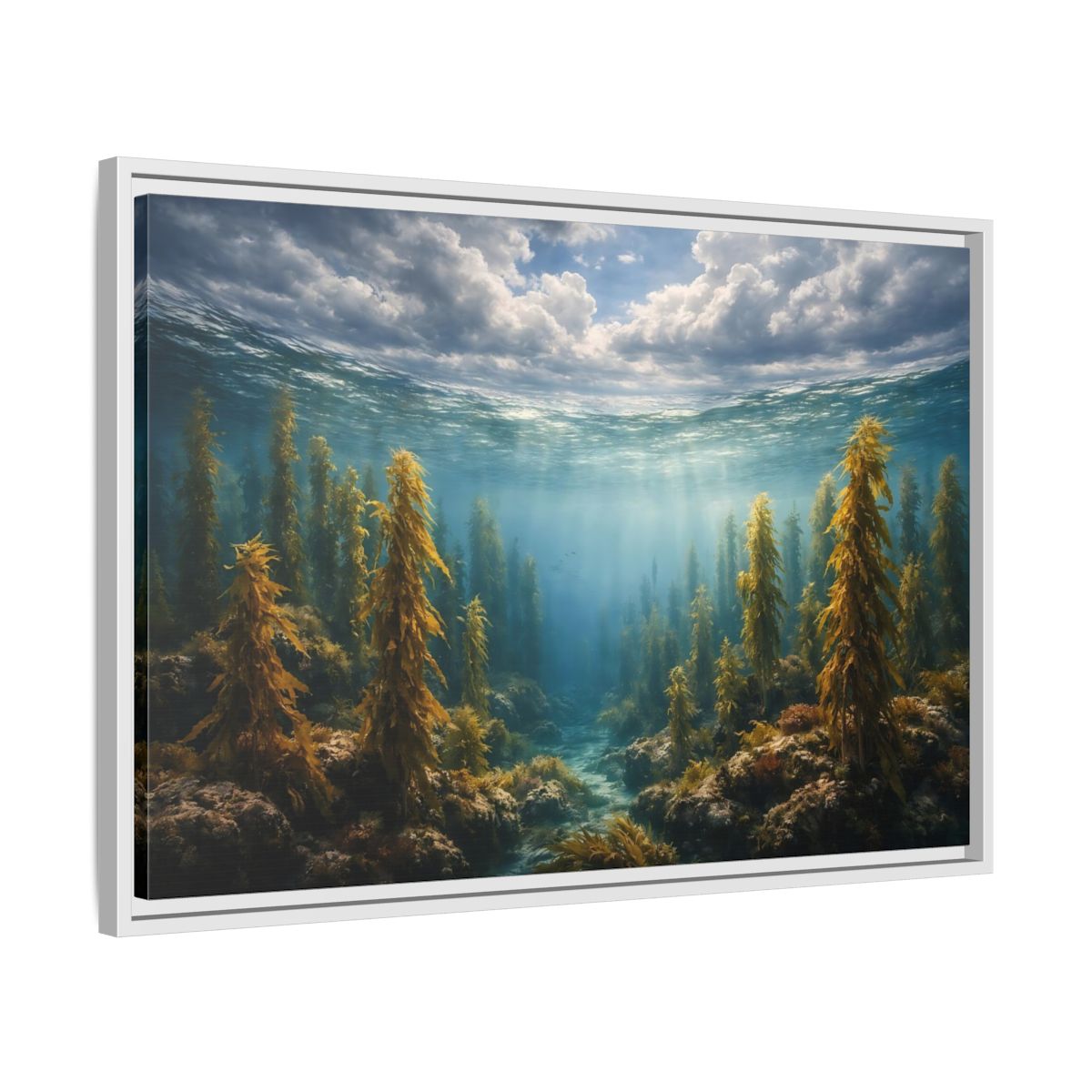 Side Mockup 10. Nature Kelp Forest Underwater Kelp Blue shown as stretched canvas wall art