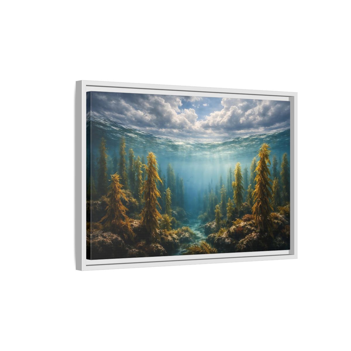 Side Mockup 1. Nature Kelp Forest Underwater Kelp Blue shown as stretched canvas wall art