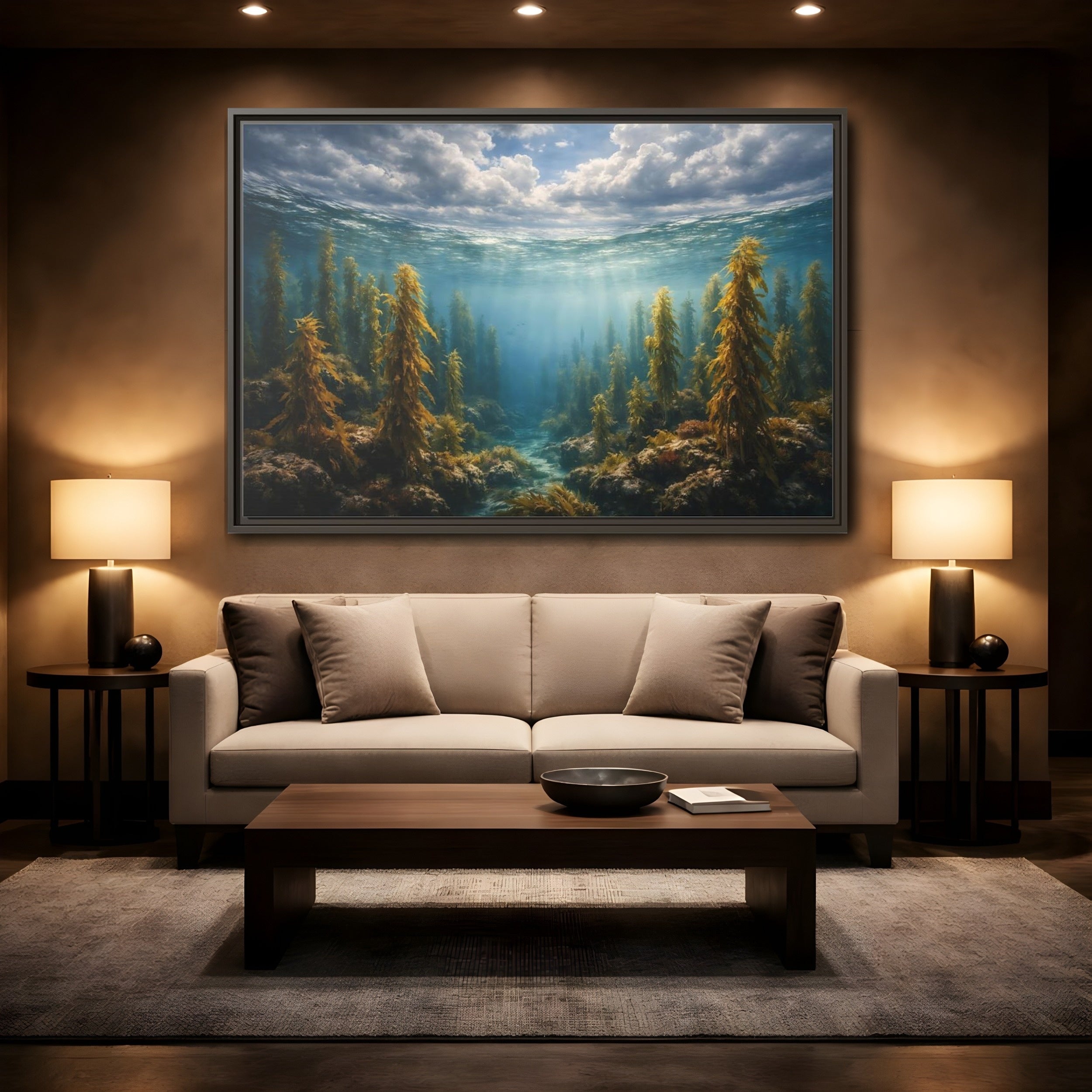Mockup 2. Nature Kelp Forest Underwater Kelp Blue shown as stretched canvas wall art