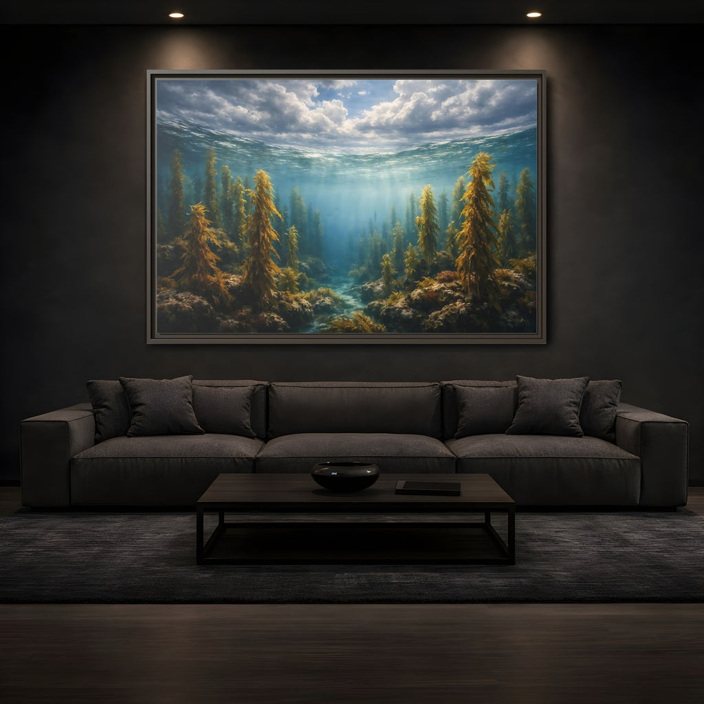 Mockup 3. Nature Kelp Forest Underwater Kelp Blue shown as stretched canvas wall art