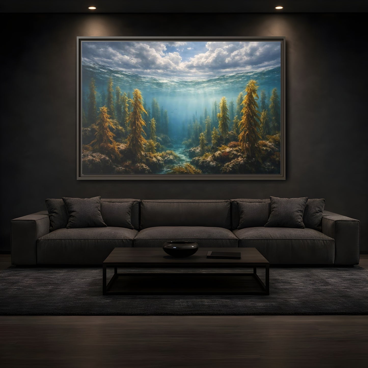 Mockup 3. Nature Kelp Forest Underwater Kelp Blue shown as stretched canvas wall art