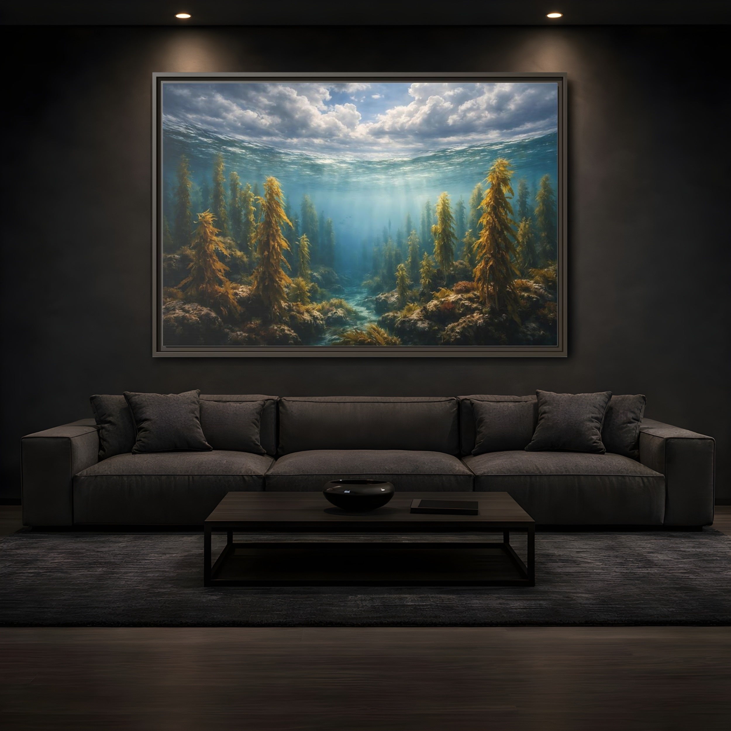Mockup 3. Nature Kelp Forest Underwater Kelp Blue shown as stretched canvas wall art