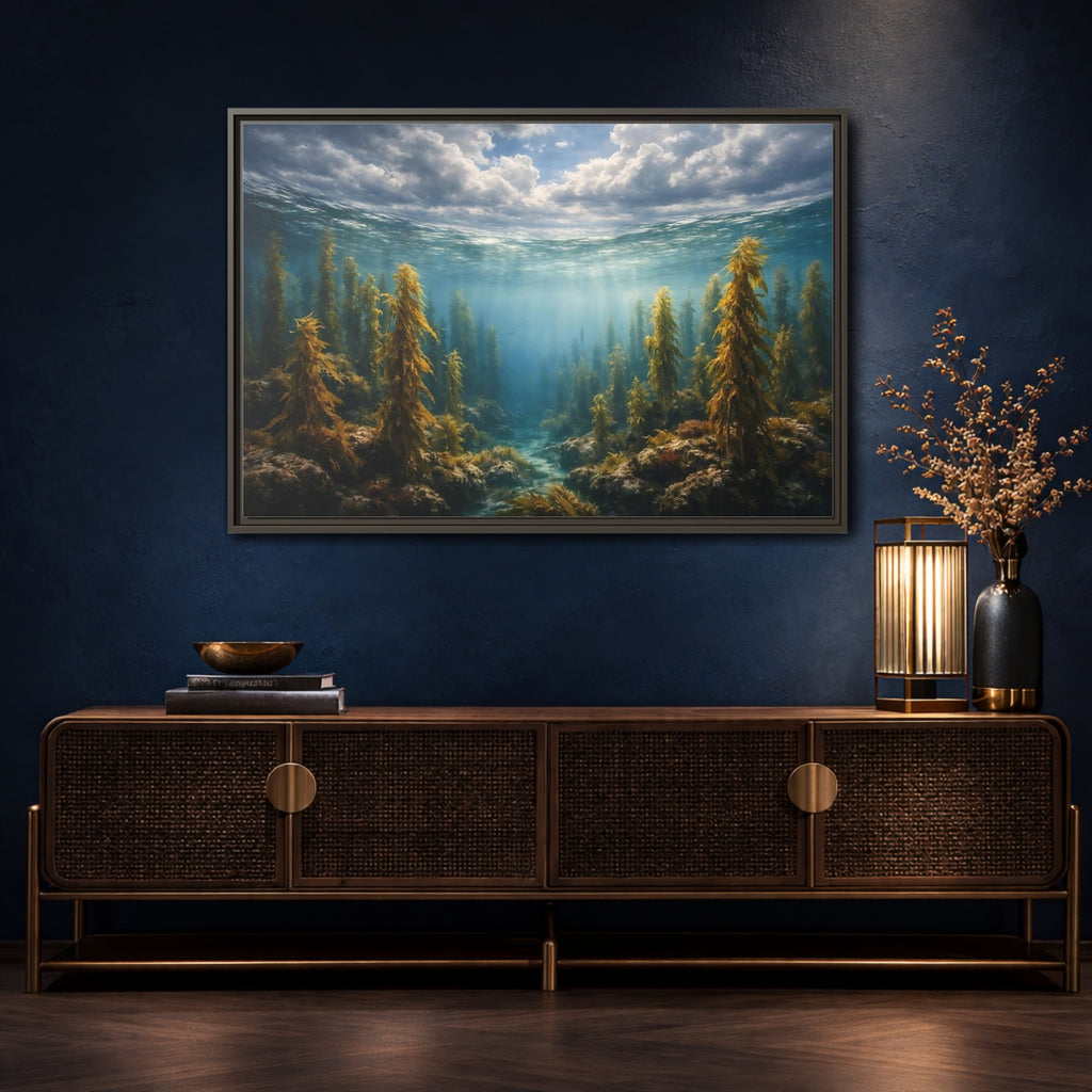 Mockup 4. Nature Kelp Forest Underwater Kelp Blue shown as stretched canvas wall art