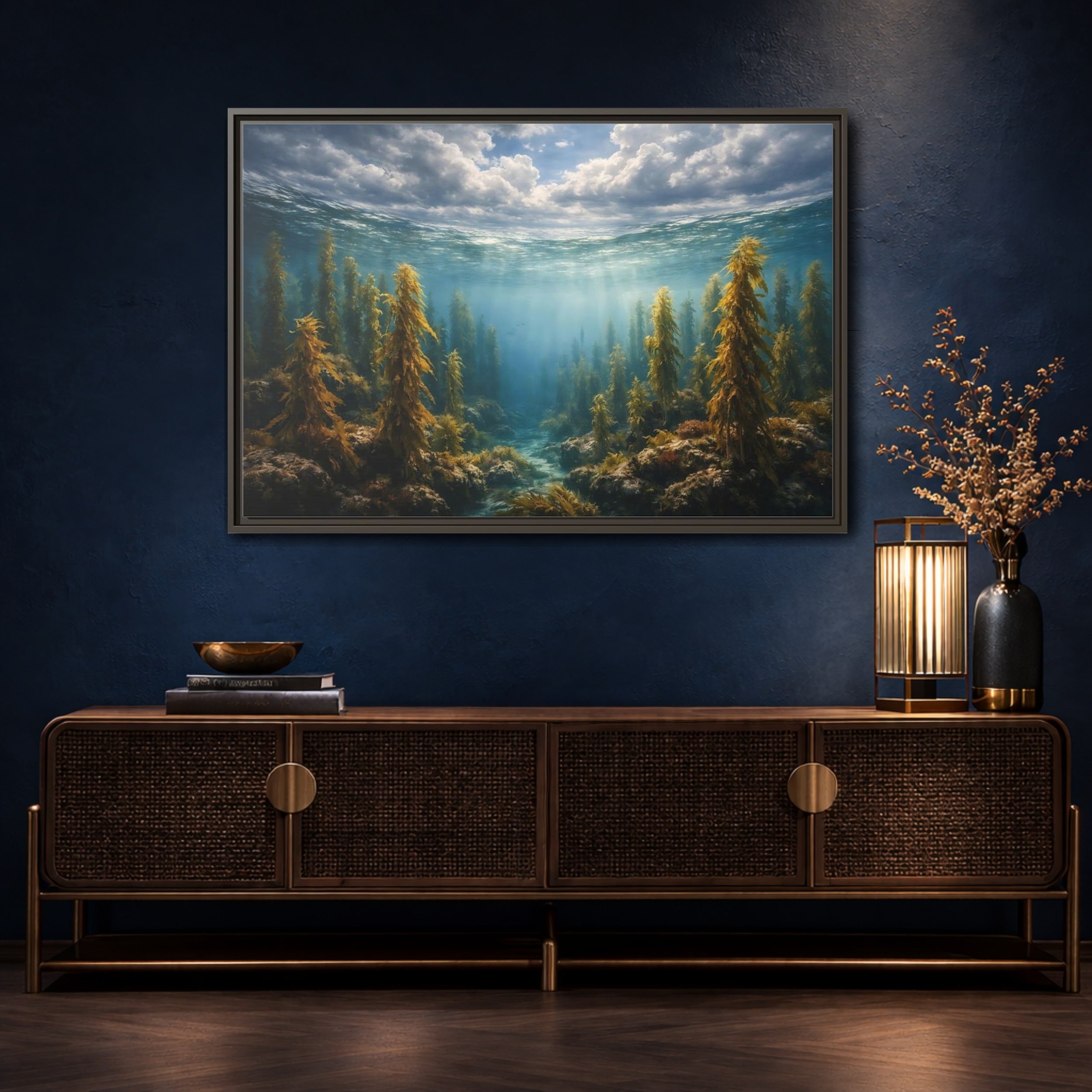 Mockup 4. Nature Kelp Forest Underwater Kelp Blue shown as stretched canvas wall art