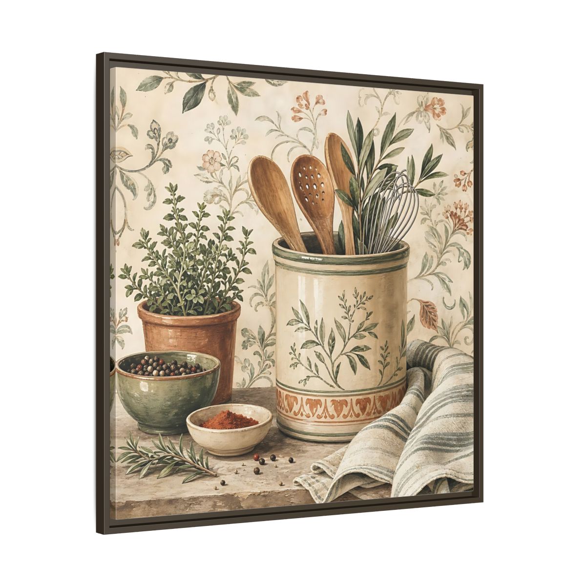 Main Mockup. Nature Kitchen Herbs Earthy Kitchenware shown as stretched canvas wall art