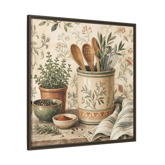 Main Mockup. Nature Kitchen Herbs Earthy Kitchenware shown as stretched canvas wall art