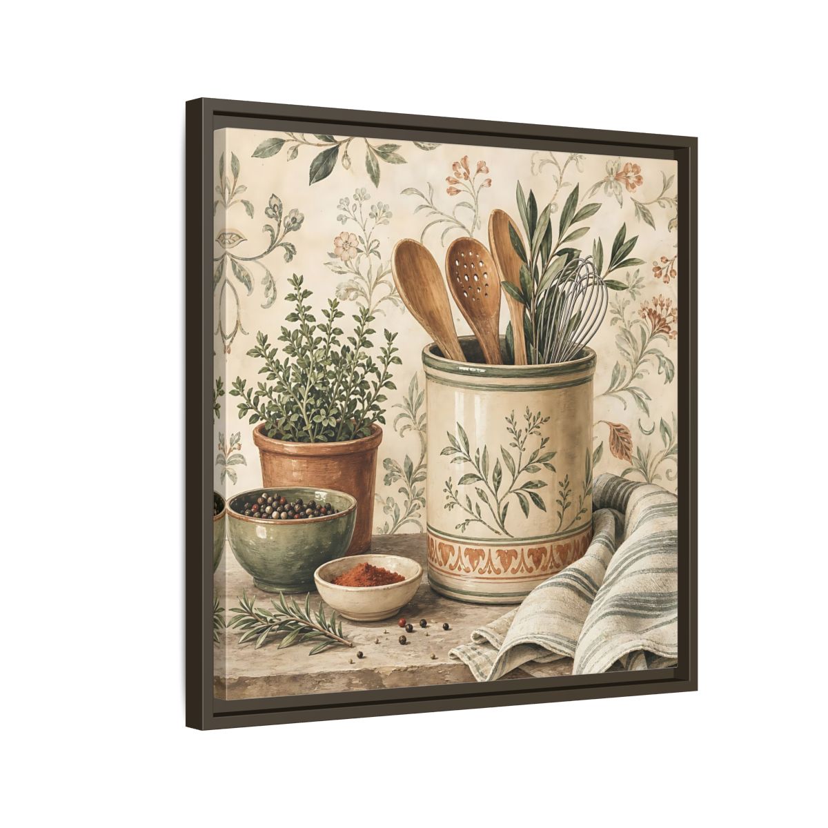 Side Mockup 11. Nature Kitchen Herbs Earthy Kitchenware shown as stretched canvas wall art