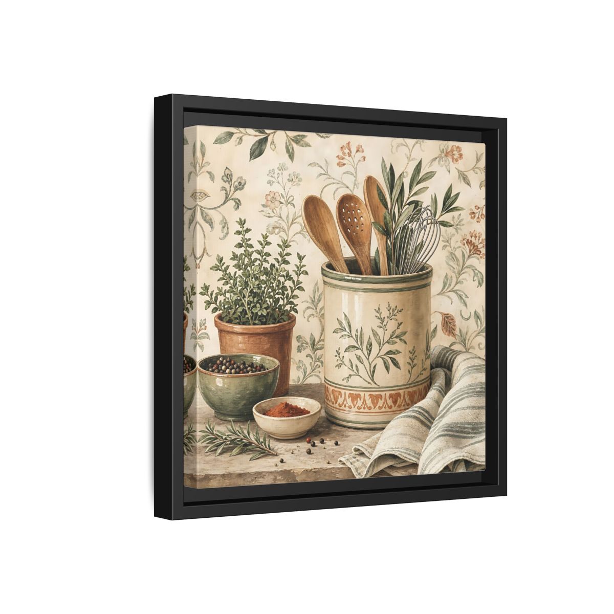 Side Mockup 18. Nature Kitchen Herbs Earthy Kitchenware shown as stretched canvas wall art