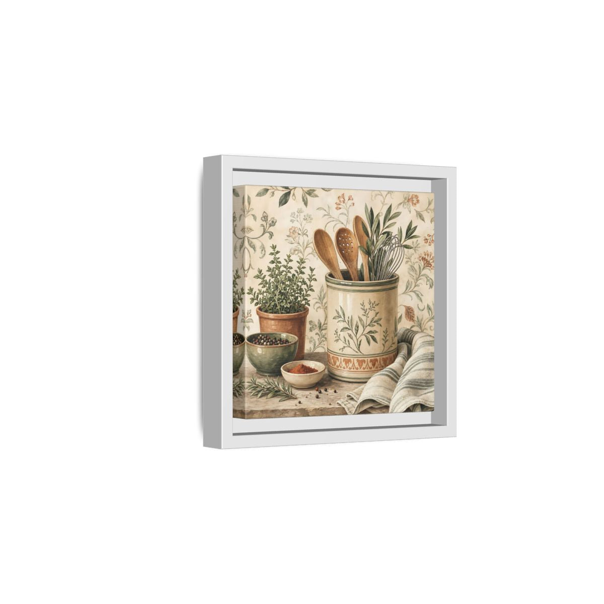 Side Mockup 1. Nature Kitchen Herbs Earthy Kitchenware shown as stretched canvas wall art