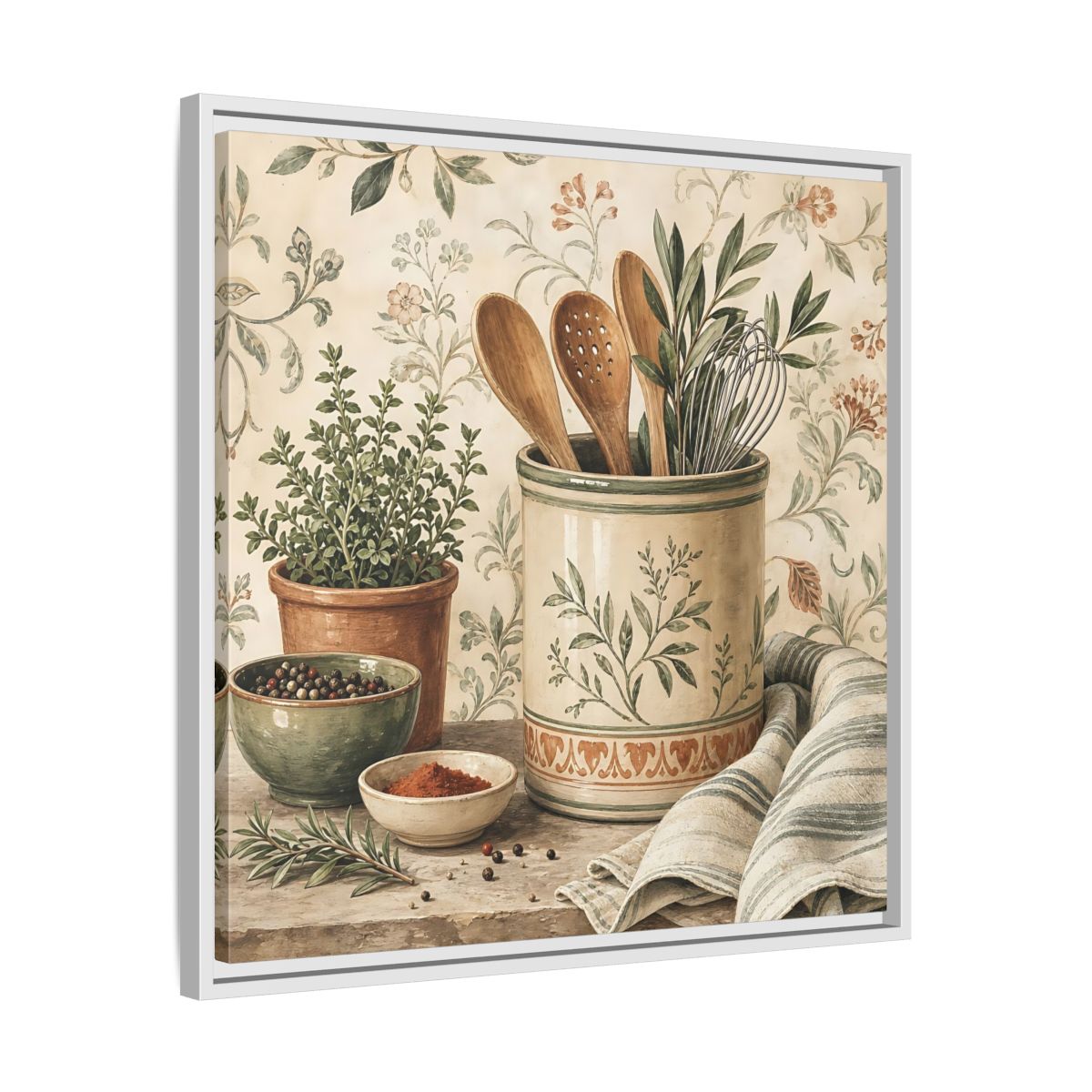 Side Mockup 26. Nature Kitchen Herbs Earthy Kitchenware shown as stretched canvas wall art