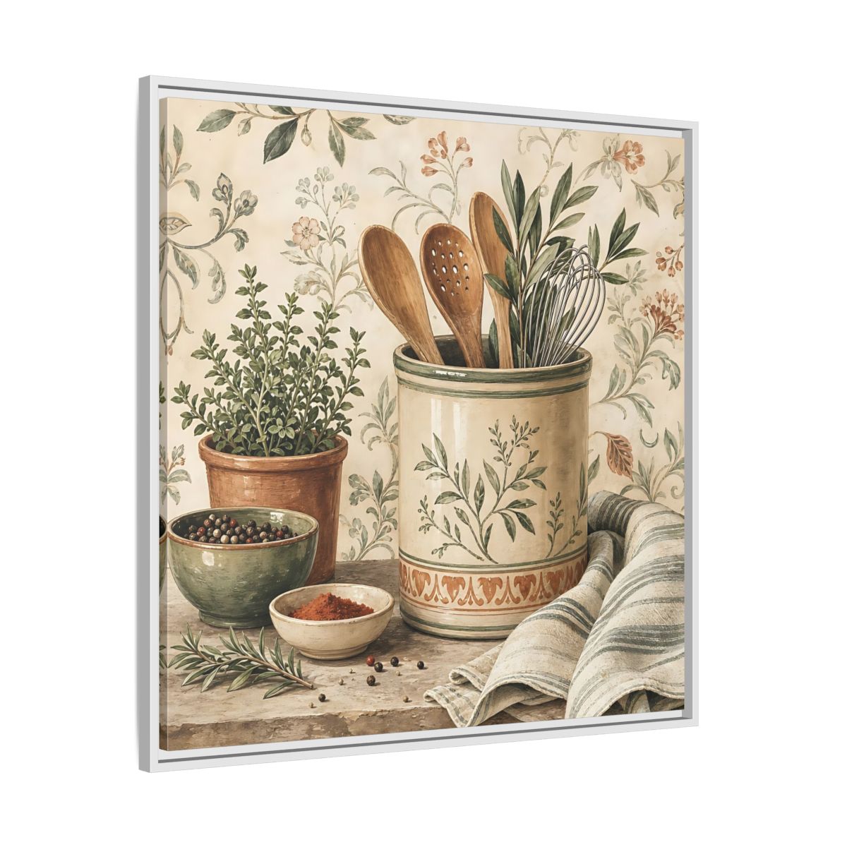 Side Mockup 25. Nature Kitchen Herbs Earthy Kitchenware shown as stretched canvas wall art