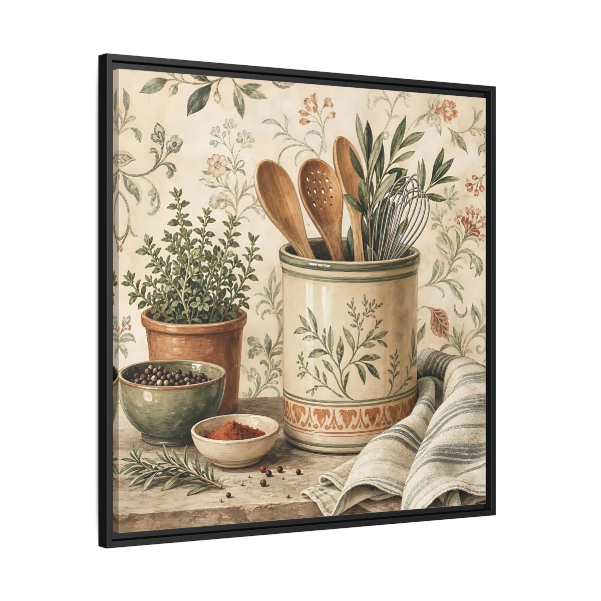 Side Mockup 30. Nature Kitchen Herbs Earthy Kitchenware shown as stretched canvas wall art