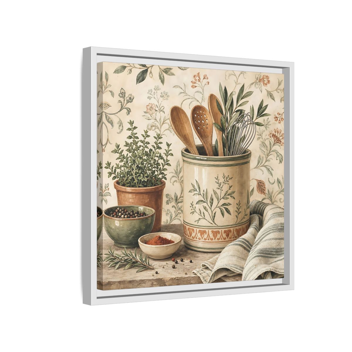Side Mockup 13. Nature Kitchen Herbs Earthy Kitchenware shown as stretched canvas wall art