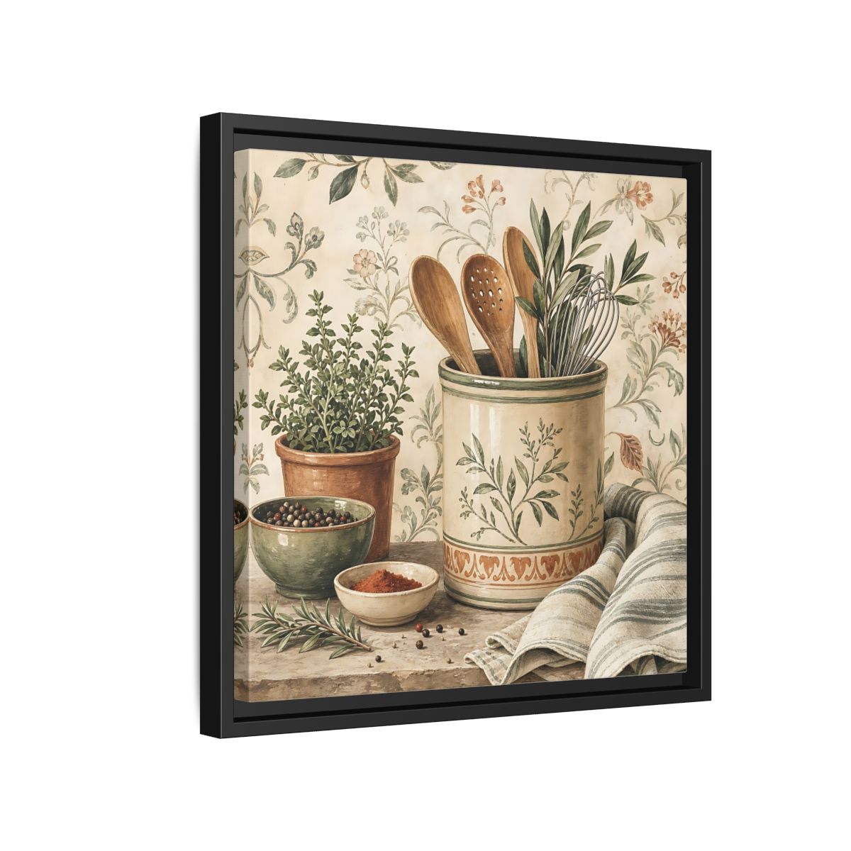 Side Mockup 15. Nature Kitchen Herbs Earthy Kitchenware shown as stretched canvas wall art