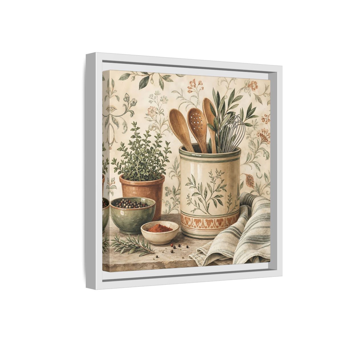 Side Mockup 16. Nature Kitchen Herbs Earthy Kitchenware shown as stretched canvas wall art