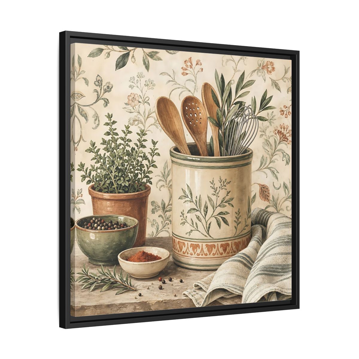 Side Mockup 31. Nature Kitchen Herbs Earthy Kitchenware shown as stretched canvas wall art