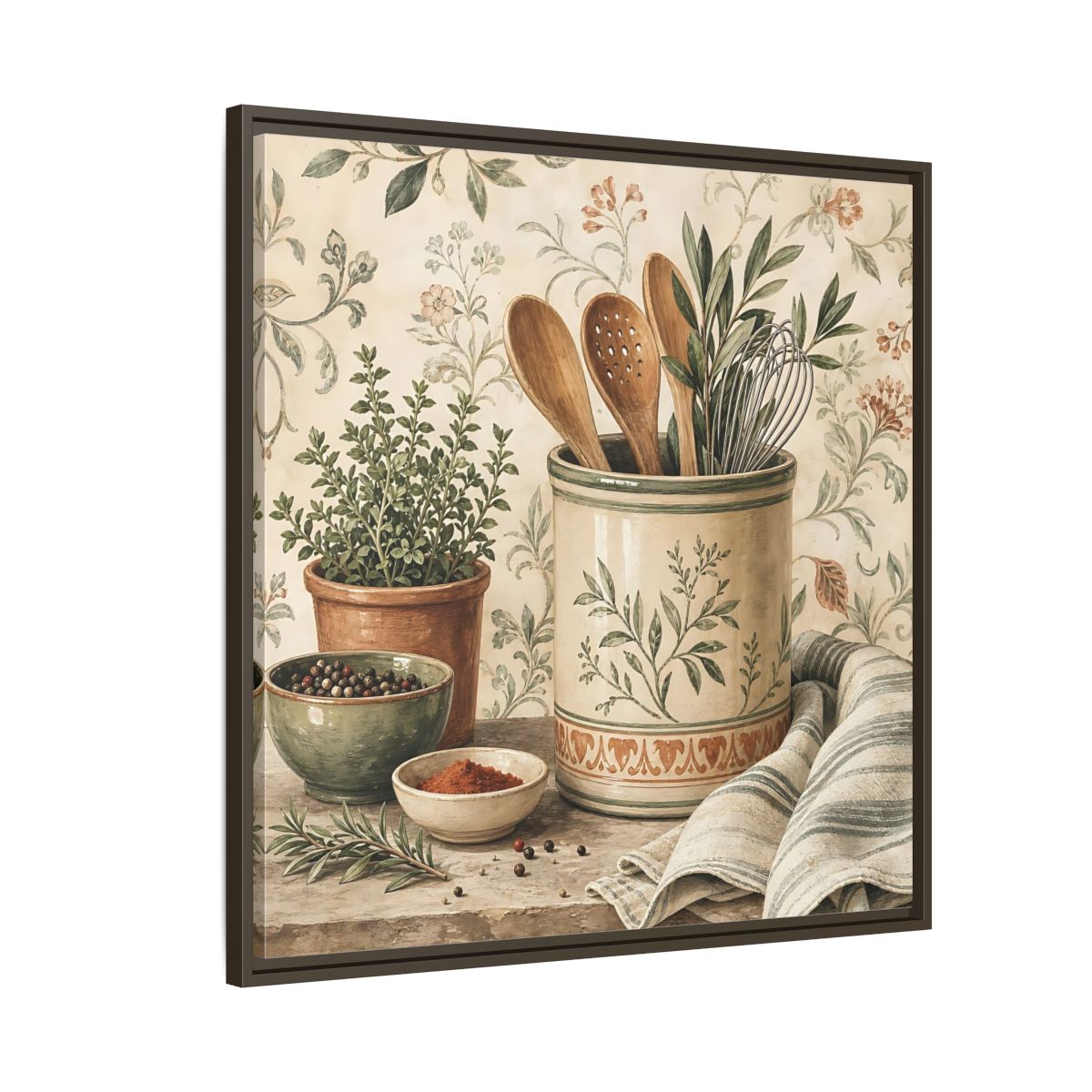 Side Mockup 8. Nature Kitchen Herbs Earthy Kitchenware shown as stretched canvas wall art