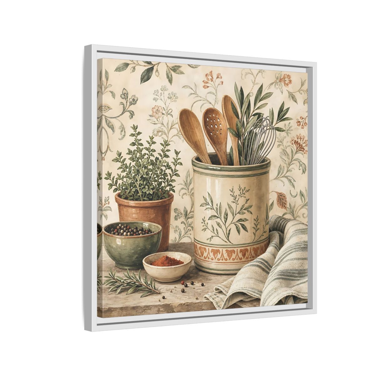 Side Mockup 10. Nature Kitchen Herbs Earthy Kitchenware shown as stretched canvas wall art
