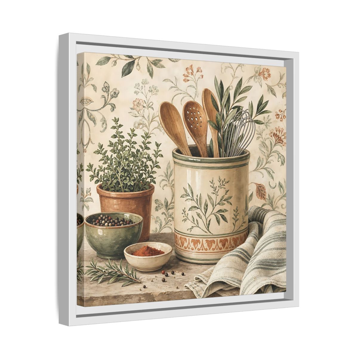 Side Mockup 28. Nature Kitchen Herbs Earthy Kitchenware shown as stretched canvas wall art