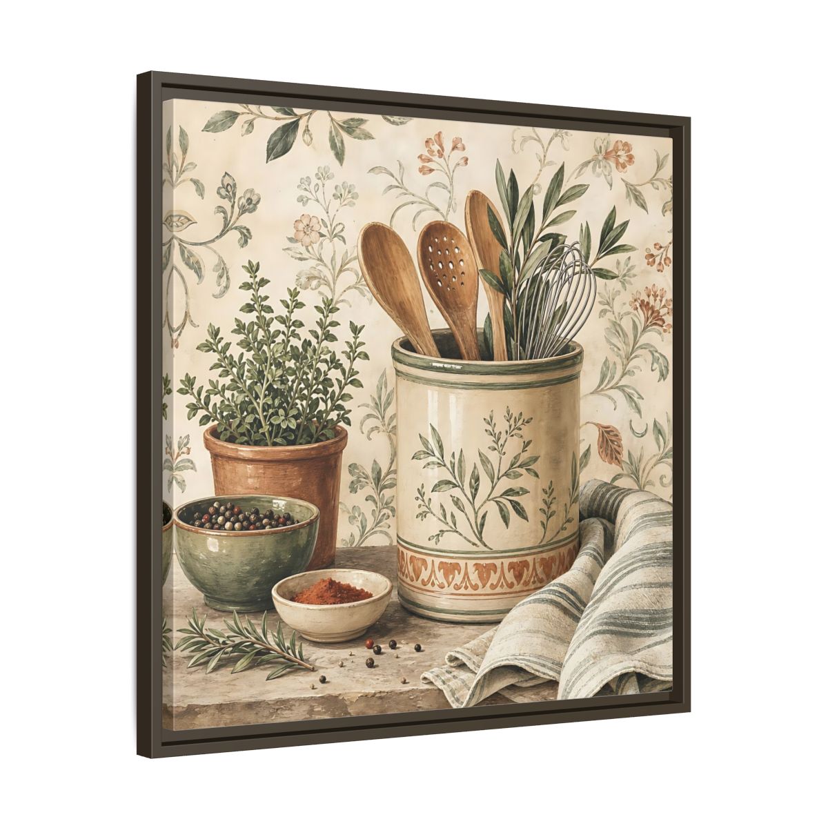 Side Mockup 27. Nature Kitchen Herbs Earthy Kitchenware shown as stretched canvas wall art