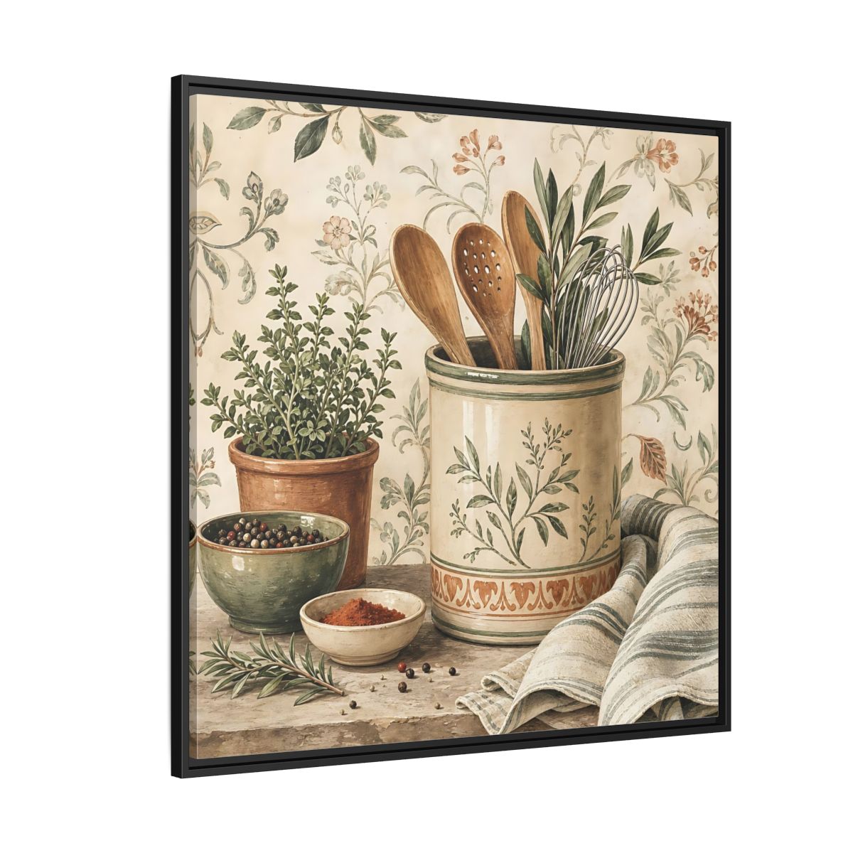 Side Mockup 6. Nature Kitchen Herbs Earthy Kitchenware shown as stretched canvas wall art