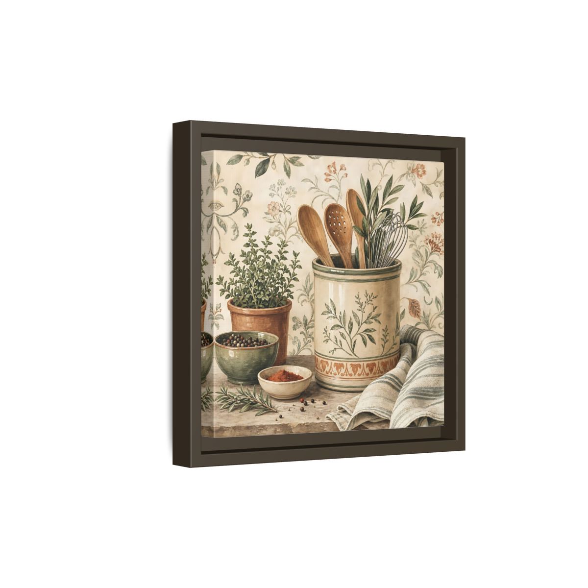 Side Mockup 20. Nature Kitchen Herbs Earthy Kitchenware shown as stretched canvas wall art
