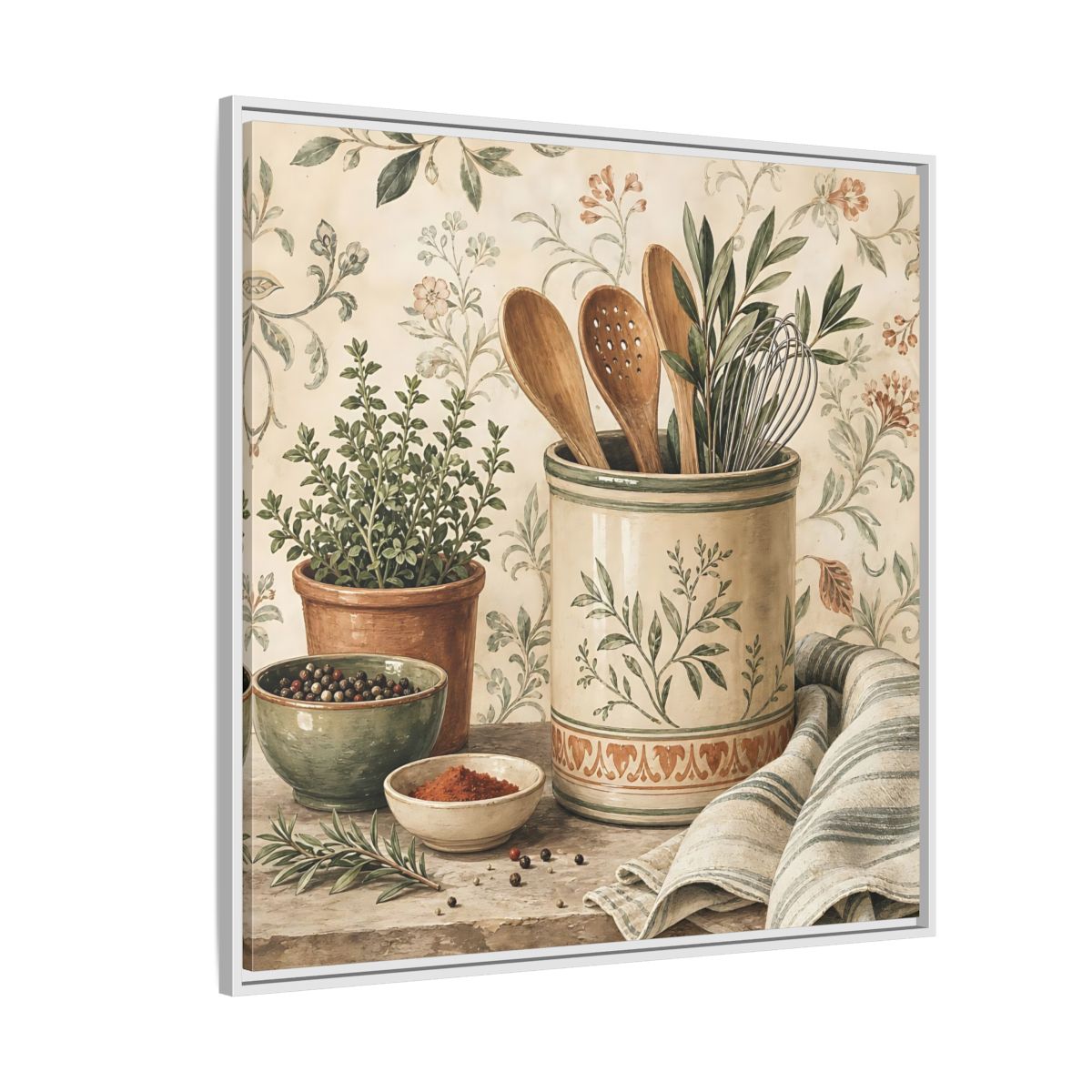 Side Mockup 4. Nature Kitchen Herbs Earthy Kitchenware shown as stretched canvas wall art