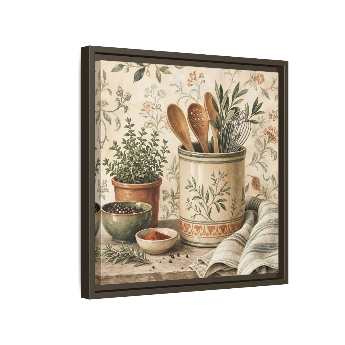 Side Mockup 14. Nature Kitchen Herbs Earthy Kitchenware shown as stretched canvas wall art