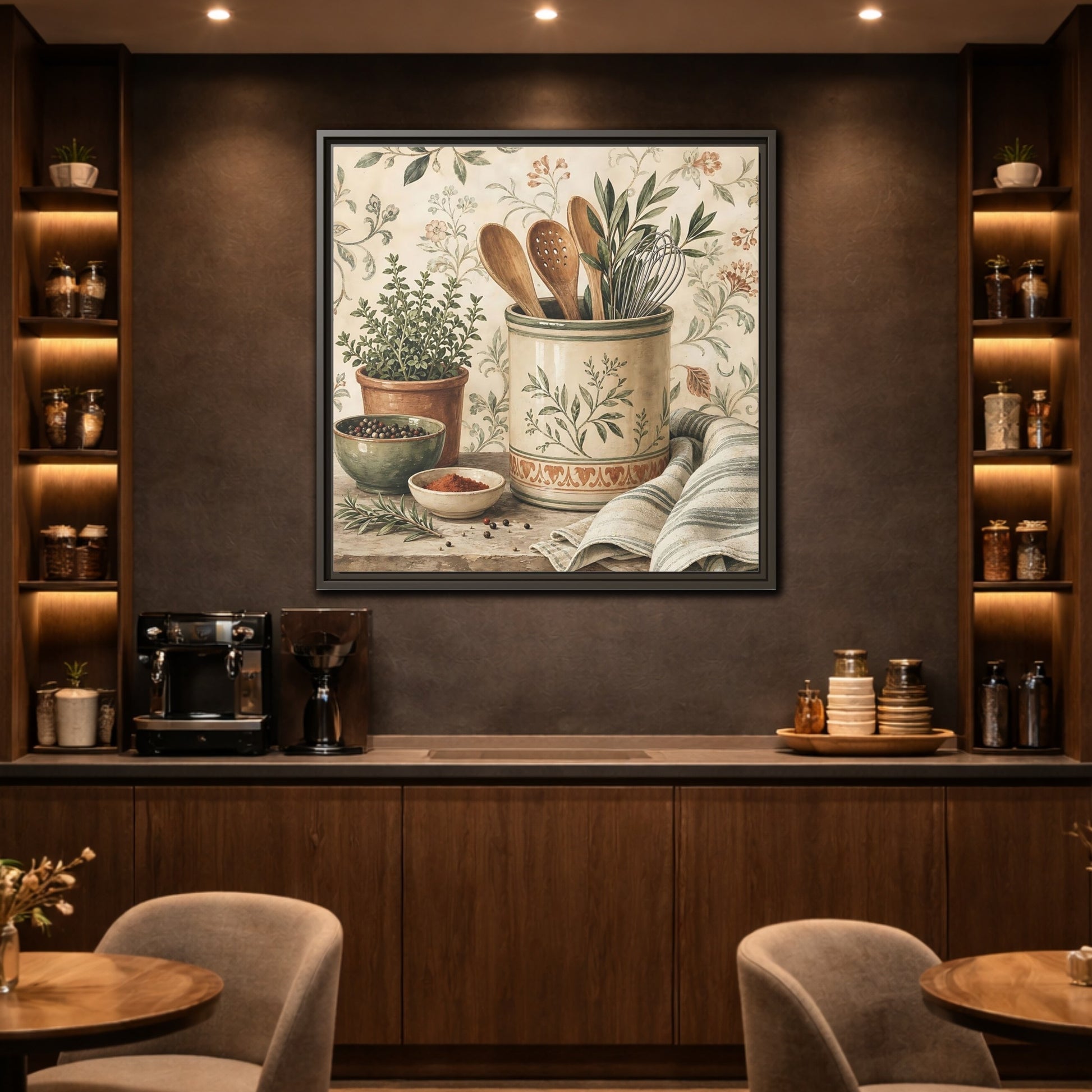 Mockup 2. Nature Kitchen Herbs Earthy Kitchenware shown as stretched canvas wall art