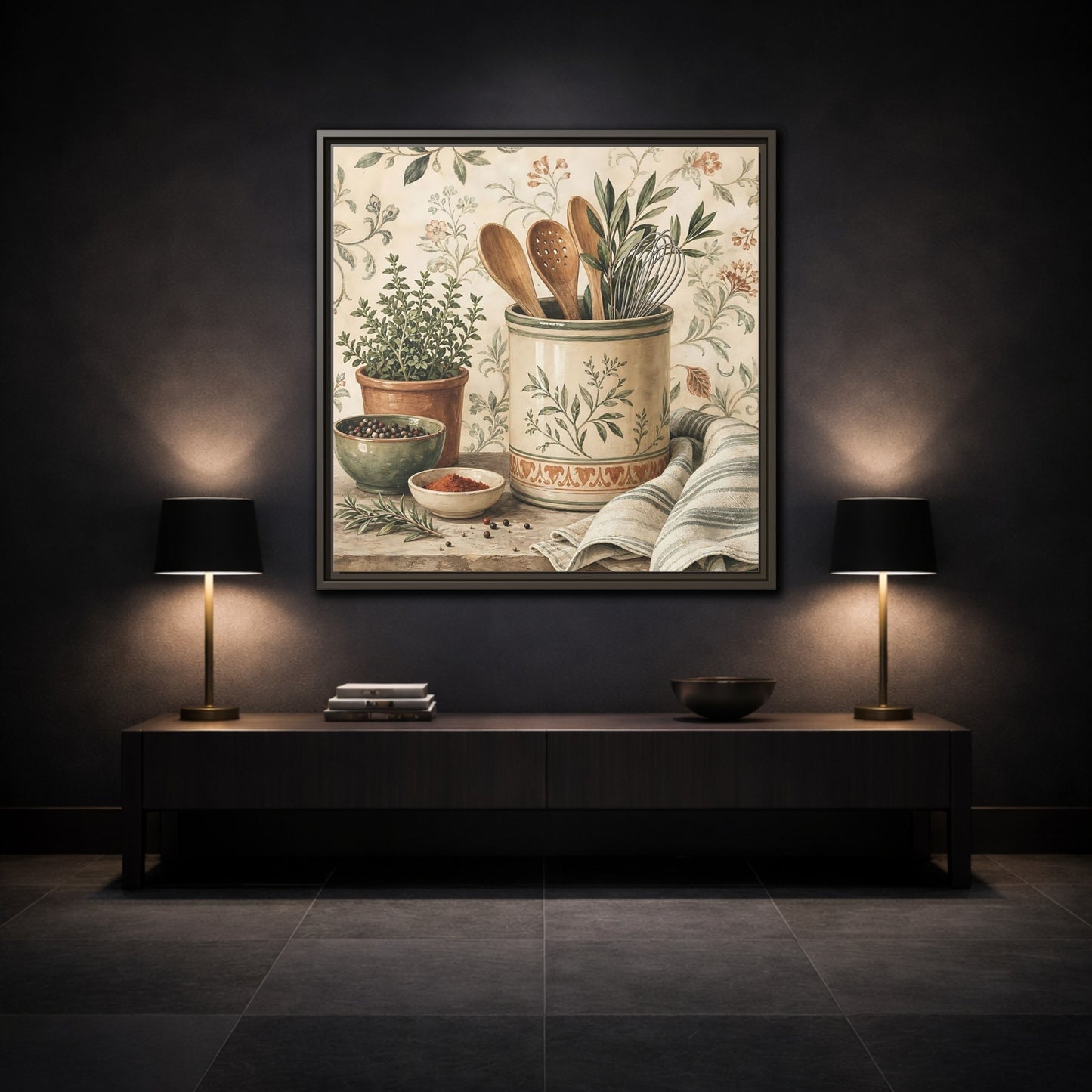 Mockup 3. Nature Kitchen Herbs Earthy Kitchenware shown as stretched canvas wall art