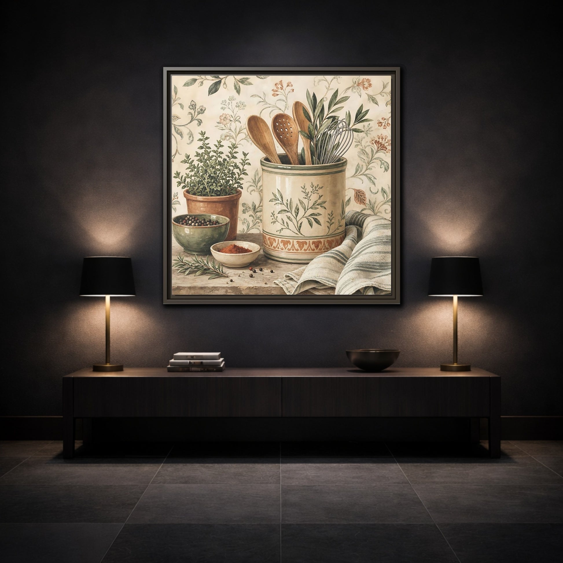 Mockup 3. Nature Kitchen Herbs Earthy Kitchenware shown as stretched canvas wall art