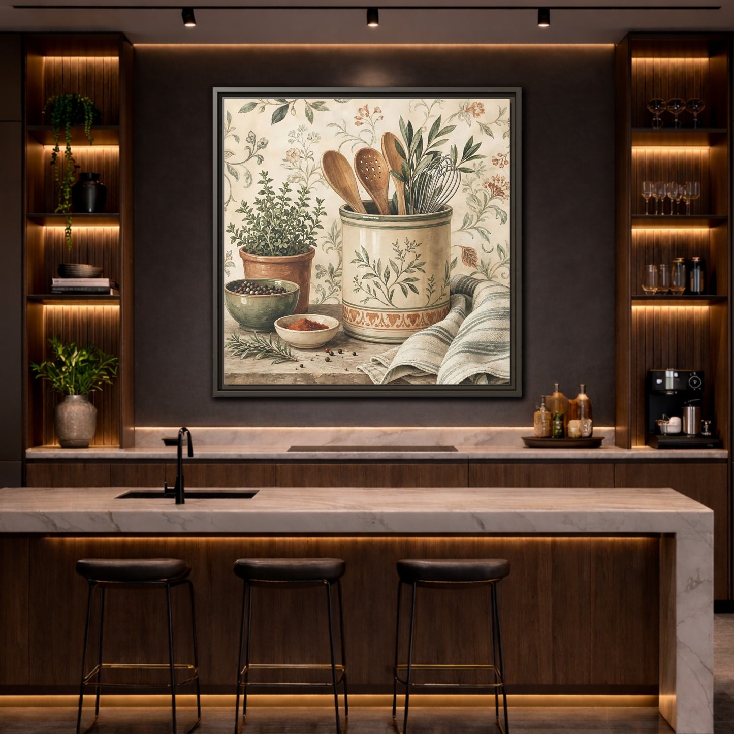 Mockup 4. Nature Kitchen Herbs Earthy Kitchenware shown as stretched canvas wall art