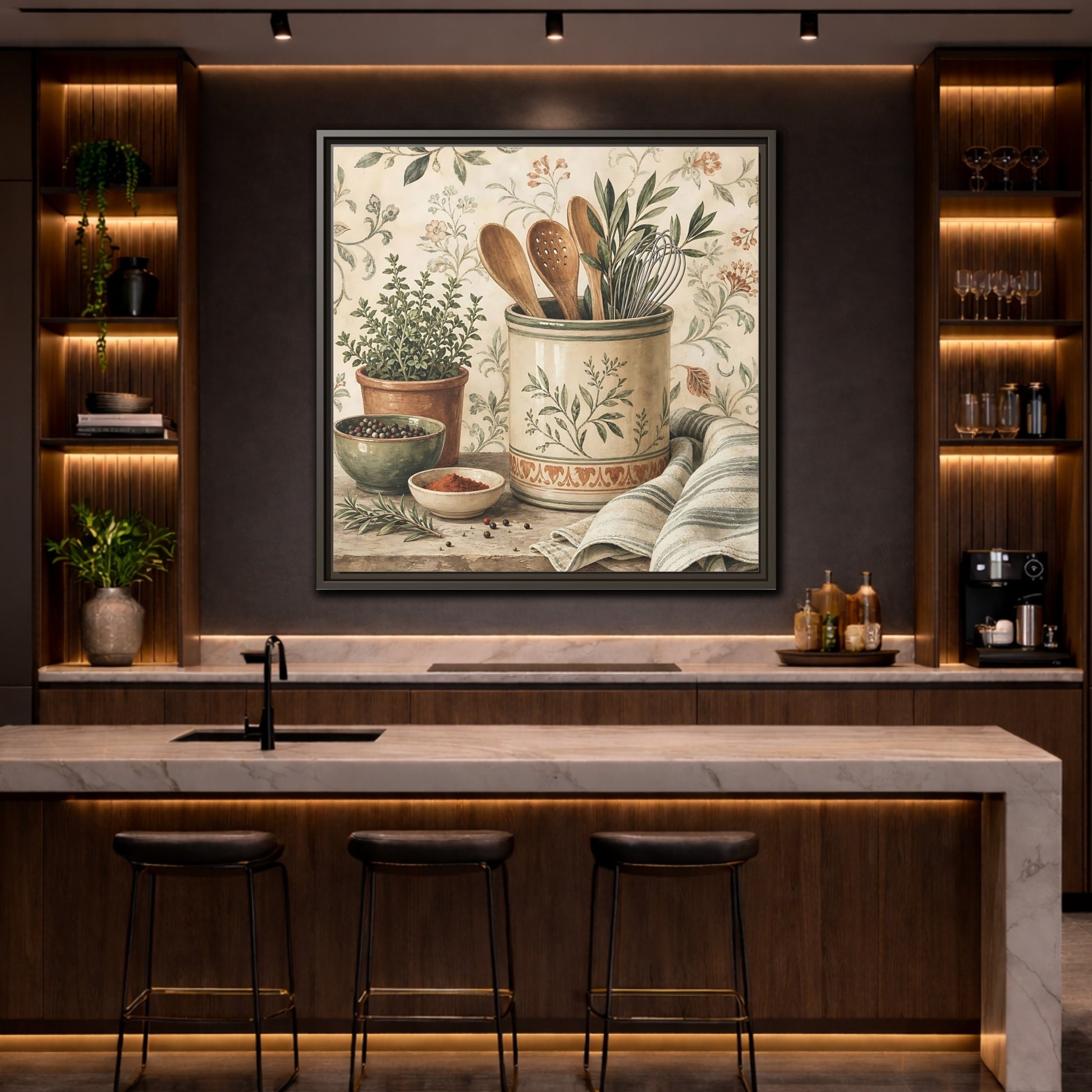 Mockup 4. Nature Kitchen Herbs Earthy Kitchenware shown as stretched canvas wall art