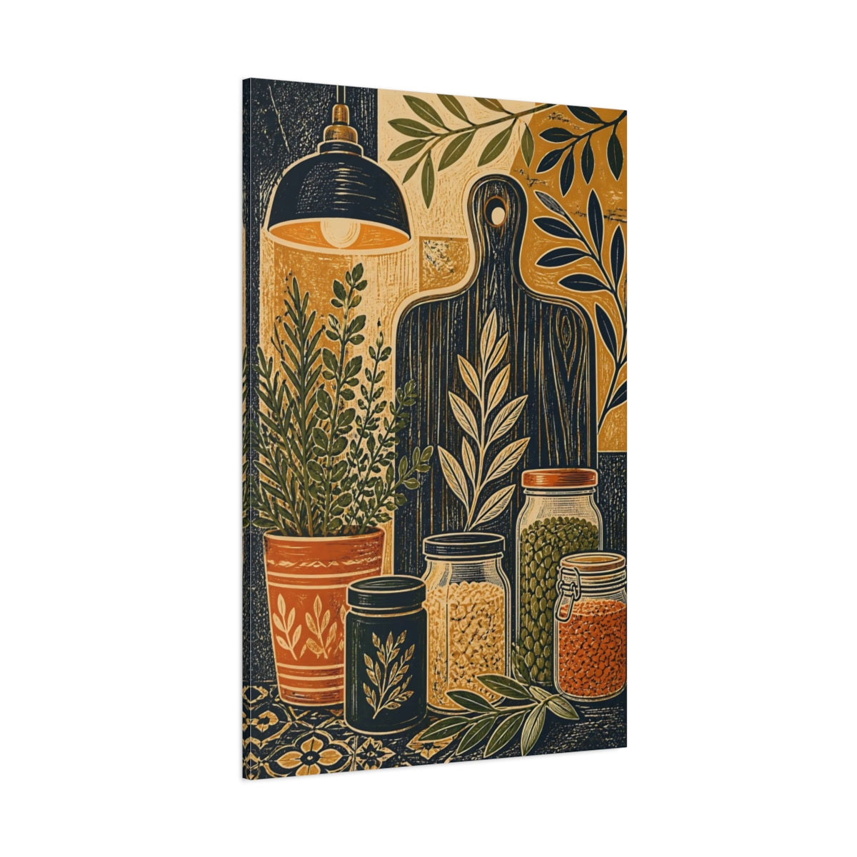 Side Mockup 1. Nature Kitchen Still Life Earthy Kitchen shown as stretched canvas wall art