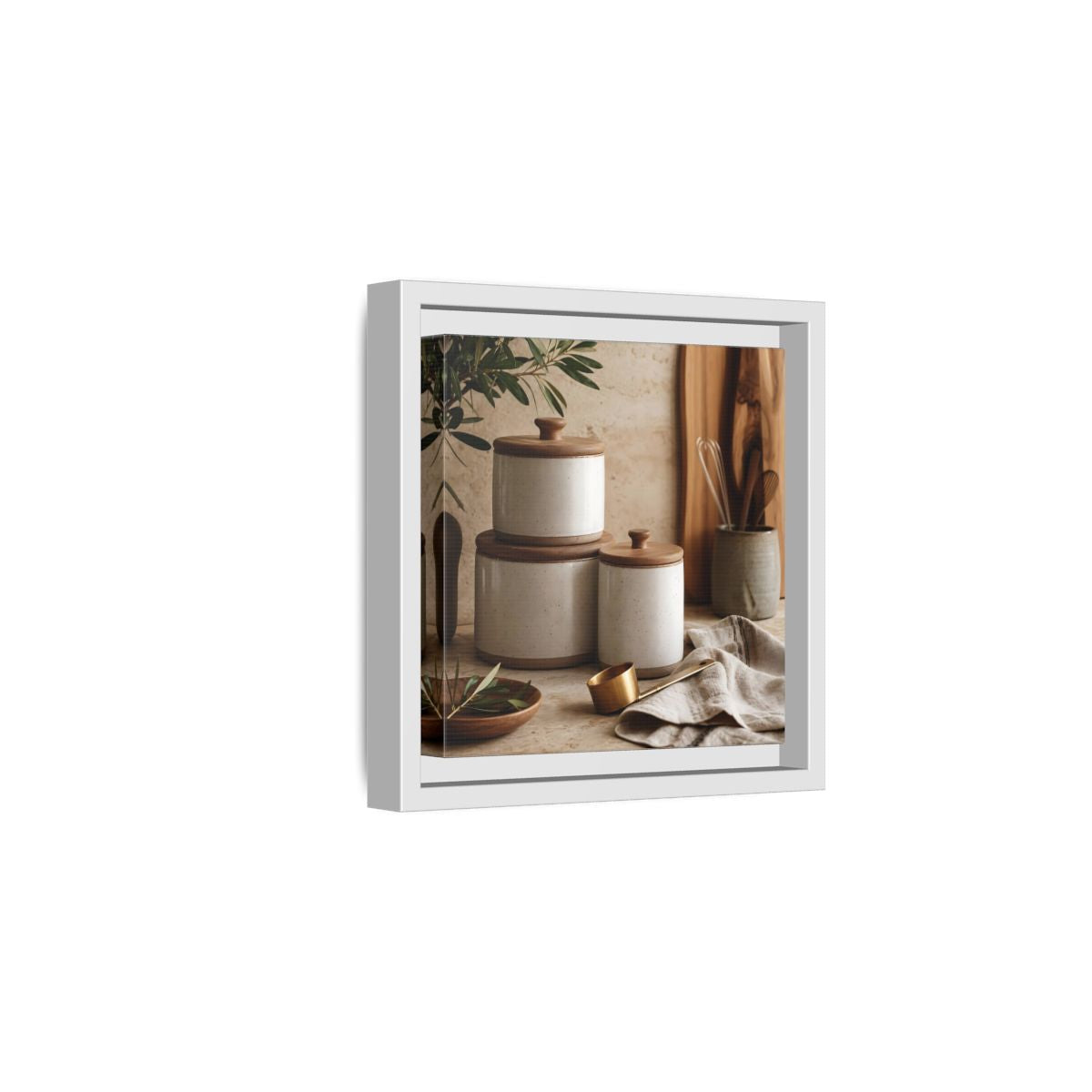 Side Mockup 1. Nature Kitchen Still Life Earthy Kitchen Decor shown as stretched canvas wall art