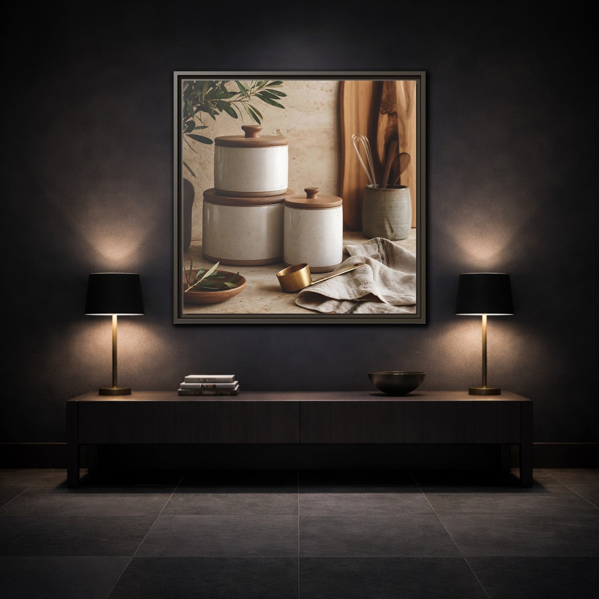 Mockup 3. Nature Kitchen Still Life Earthy Kitchen Decor shown as stretched canvas wall art