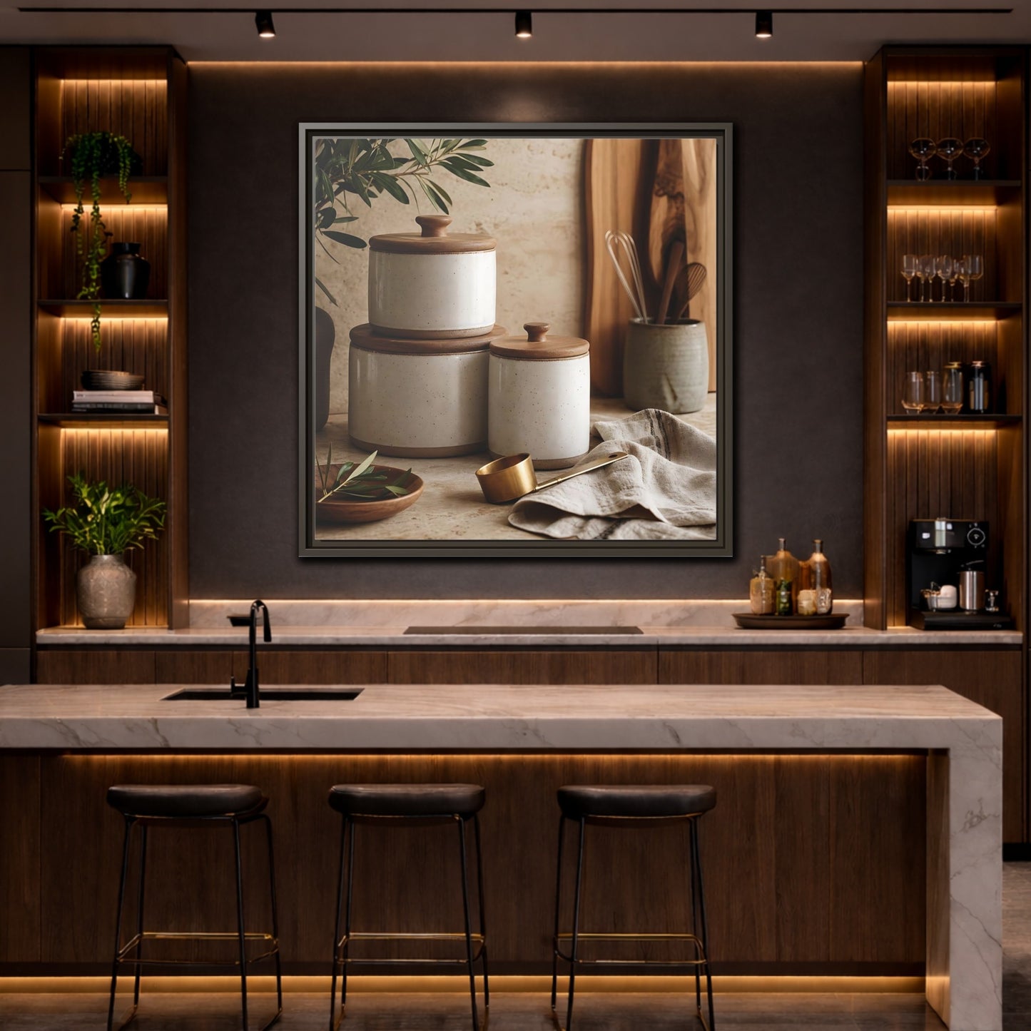 Mockup 4. Nature Kitchen Still Life Earthy Kitchen Decor shown as stretched canvas wall art