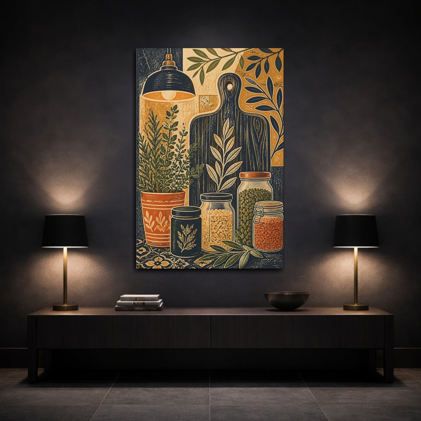 Mockup 3. Nature Kitchen Still Life Earthy Kitchen shown as stretched canvas wall art