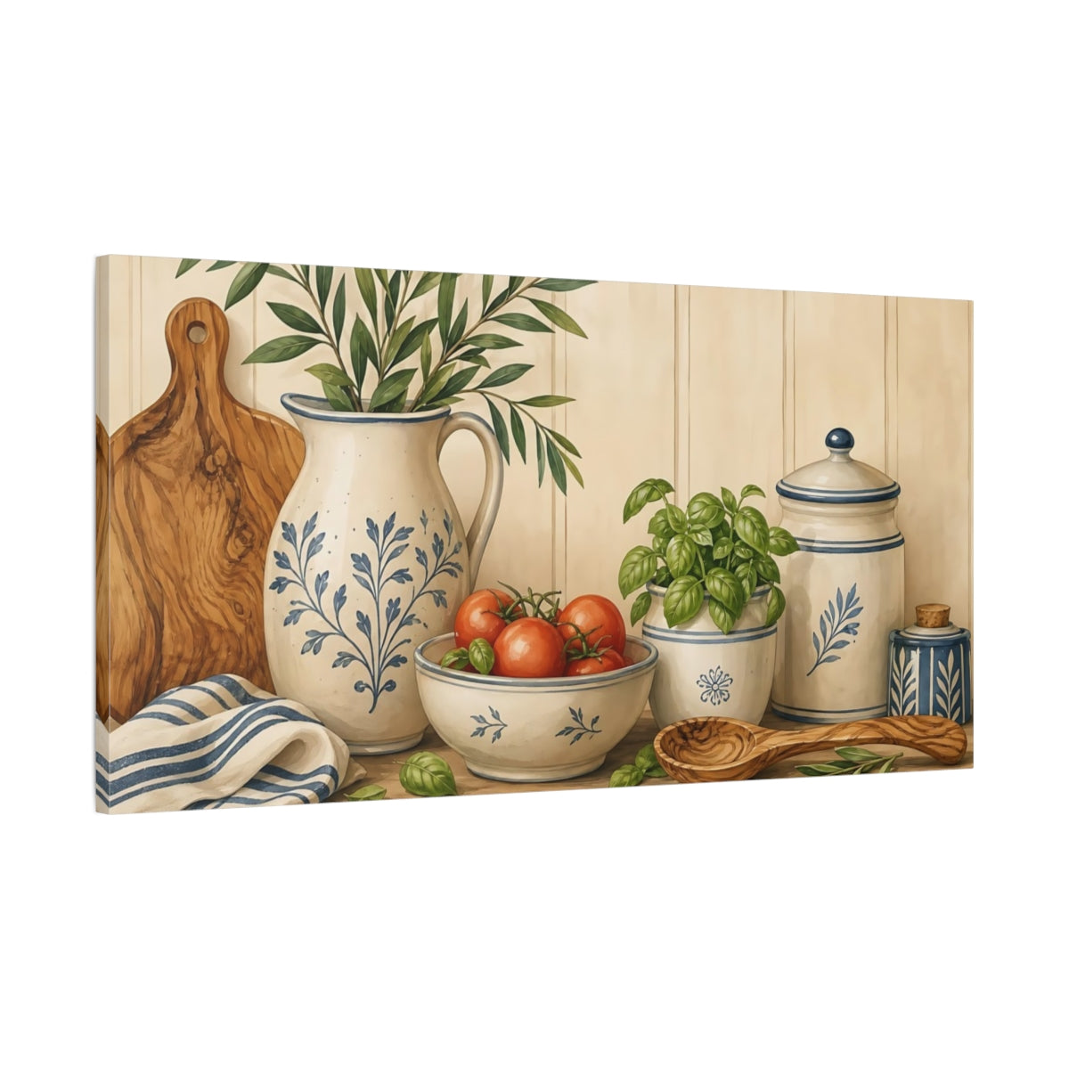 Main Mockup. Nature Kitchen Still Life Rustic Blue Brown shown as canvas print