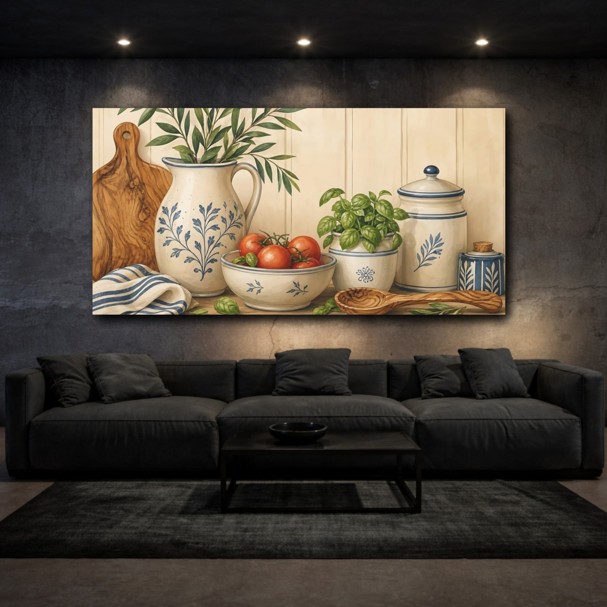 Mockup 3. Nature Kitchen Still Life Rustic Blue Brown shown as canvas print