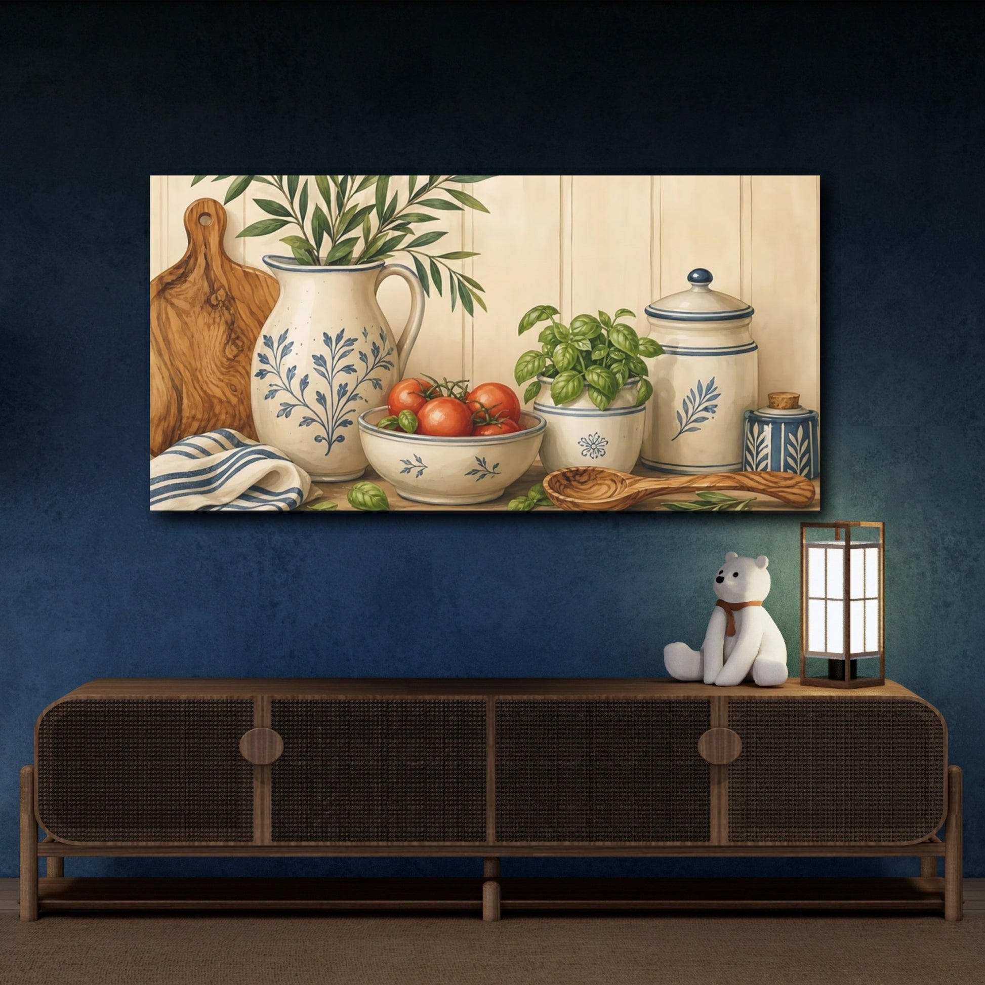 Mockup 4. Nature Kitchen Still Life Rustic Blue Brown shown as canvas print