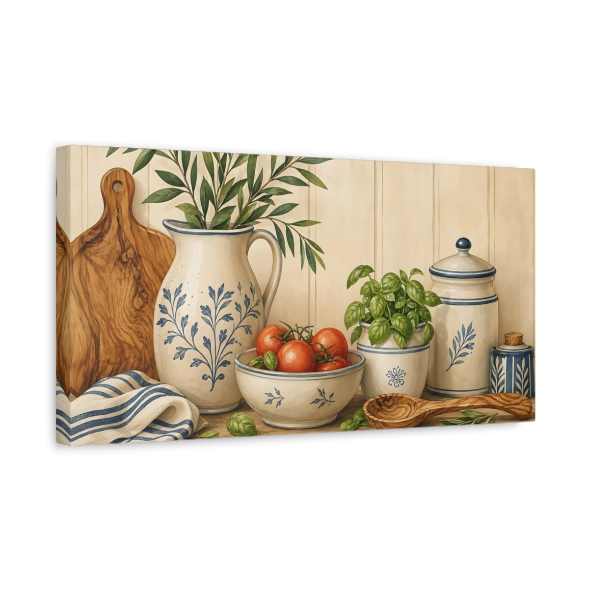 Side Mockup 3. Nature Kitchen Still Life Rustic Blue Brown shown as canvas print