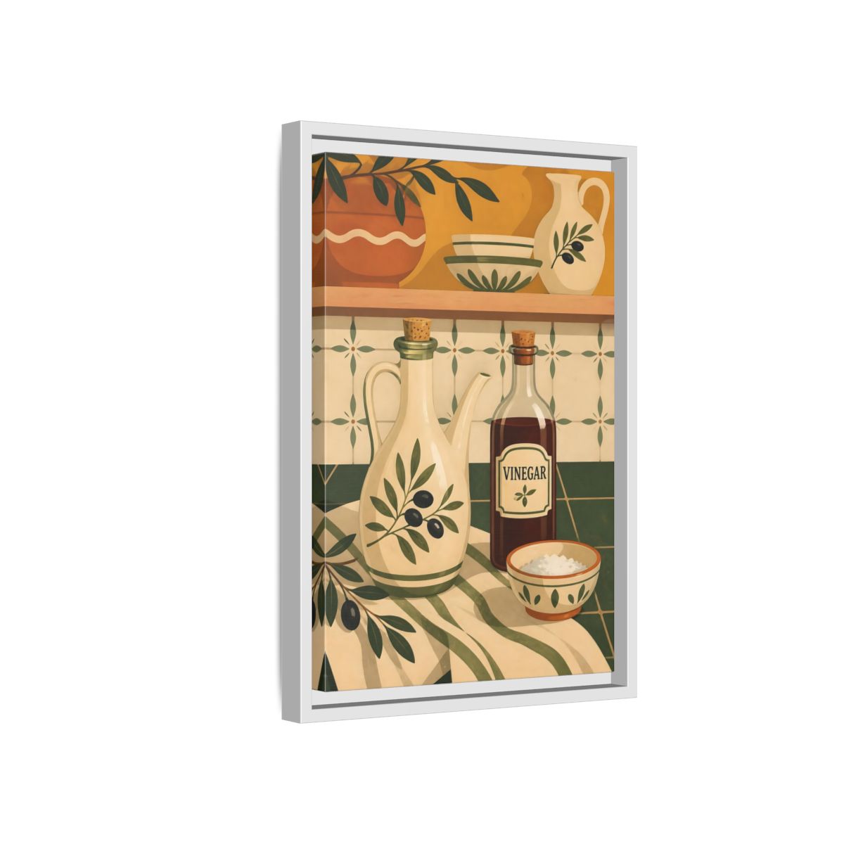 Side Mockup 4. Nature Kitchenware Green And Beige shown as framed canvas print