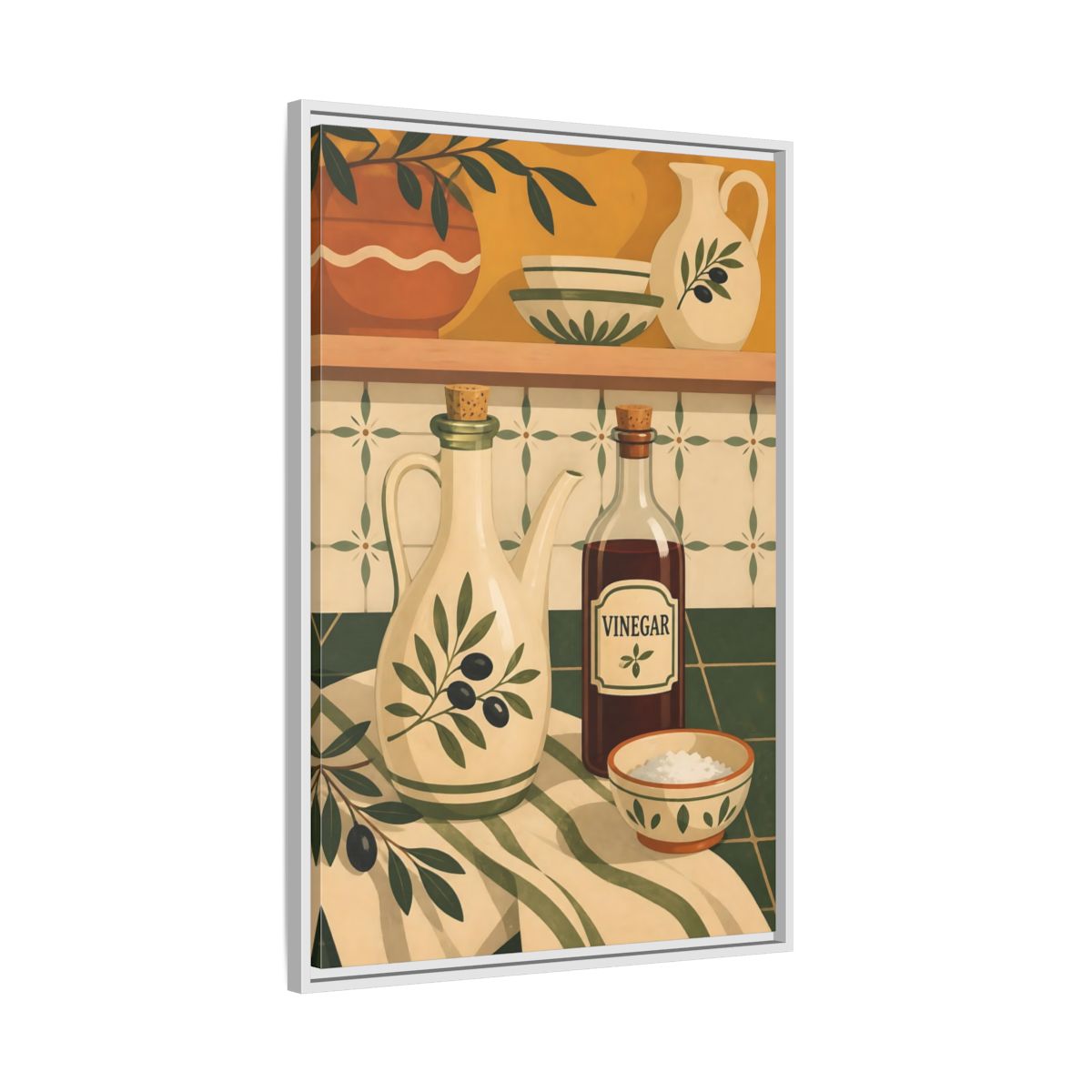Side Mockup 9. Nature Kitchenware Green And Beige shown as framed canvas print
