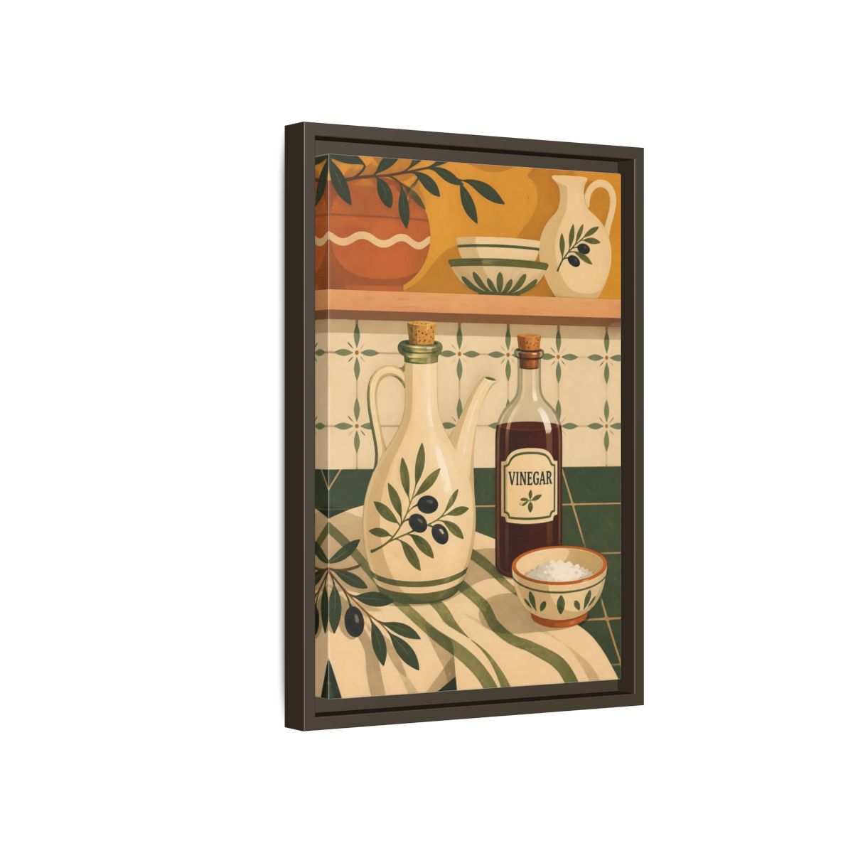 Side Mockup 5. Nature Kitchenware Green And Beige shown as framed canvas print