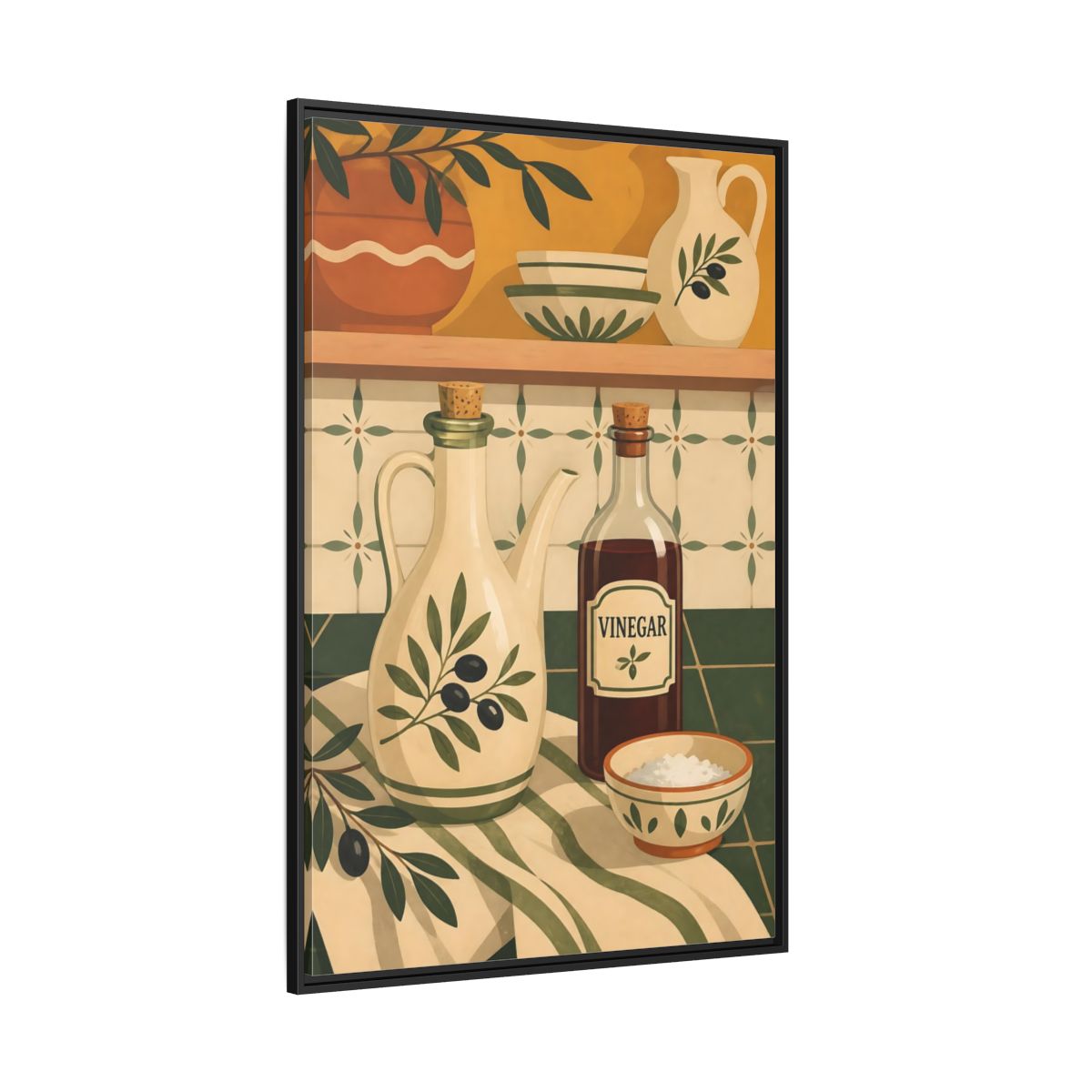 Side Mockup 12. Nature Kitchenware Green And Beige shown as framed canvas print