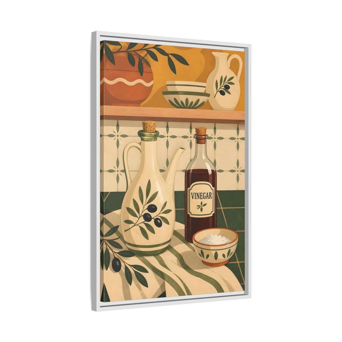 Side Mockup 10. Nature Kitchenware Green And Beige shown as framed canvas print