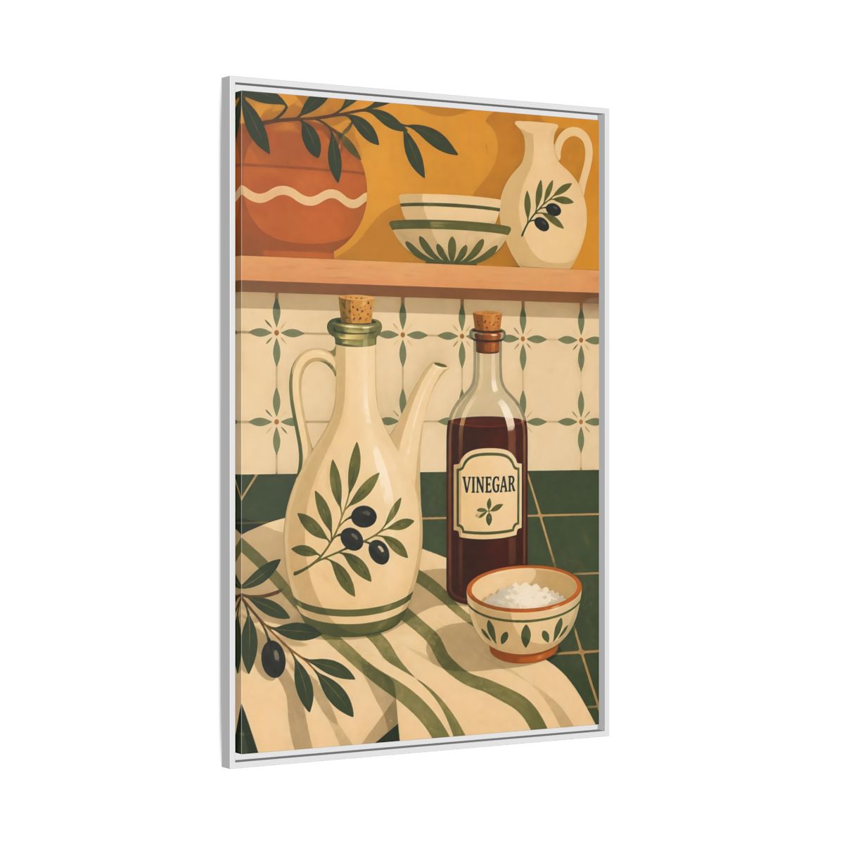 Side Mockup 7. Nature Kitchenware Green And Beige shown as framed canvas print